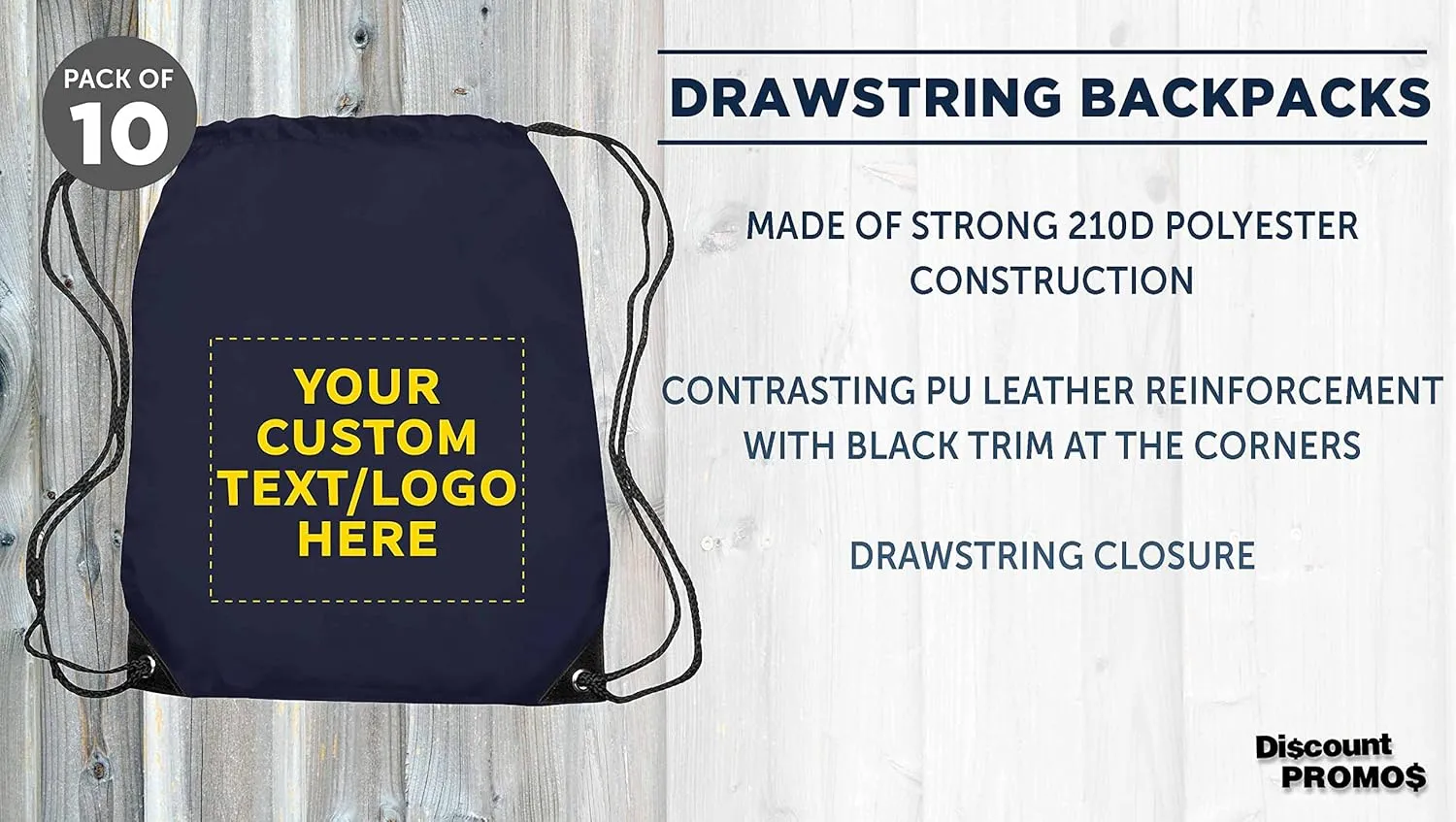 DISCOUNT PROMOS Custom Drawstring Backpack with Black Trim Set of 10, Personalized Bulk Pack - Water Resistant, Perfect for Gym, Camping, Beach, Outdoor Sports - Navy Blue