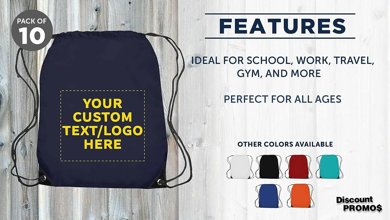 DISCOUNT PROMOS Custom Drawstring Backpack with Black Trim Set of 10, Personalized Bulk Pack - Water Resistant, Perfect for Gym, Camping, Beach, Outdoor Sports - Navy Blue