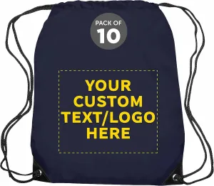 DISCOUNT PROMOS Custom Drawstring Backpack with Black Trim Set of 10, Personalized Bulk Pack - Water Resistant, Perfect for Gym, Camping, Beach, Outdoor Sports - Navy Blue