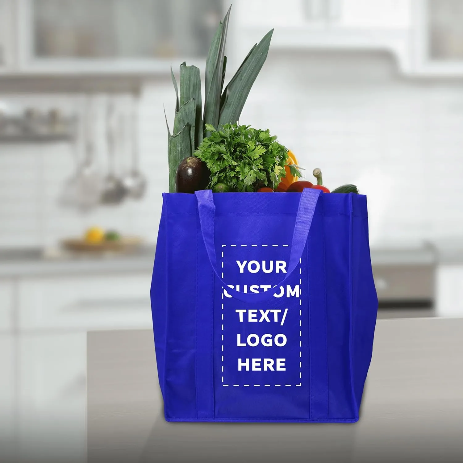 DISCOUNT PROMOS Custom Reusable Grocery Tote Bag for Shopping - 100 Pack - Personalized Logo, Text -Small Foldable Bags – Blue - 12.625"X13"X8.75"