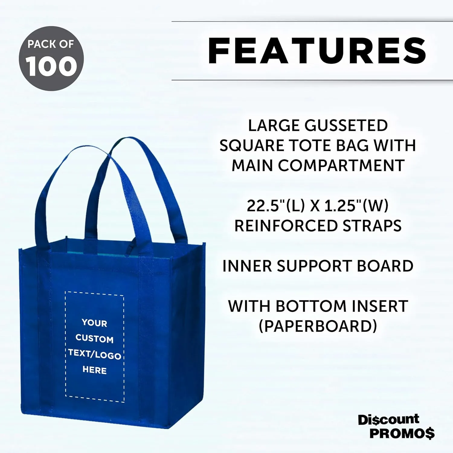 DISCOUNT PROMOS Custom Reusable Grocery Tote Bag for Shopping - 100 Pack - Personalized Logo, Text -Small Foldable Bags – Blue - 12.625"X13"X8.75"