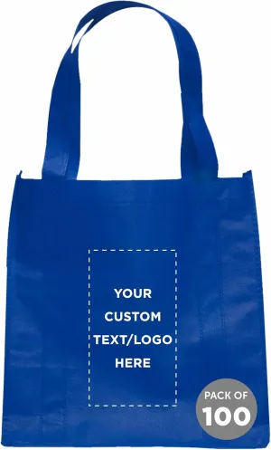 DISCOUNT PROMOS Custom Reusable Grocery Tote Bag for Shopping - 100 Pack - Personalized Logo, Text -Small Foldable Bags – Blue - 12.625"X13"X8.75"