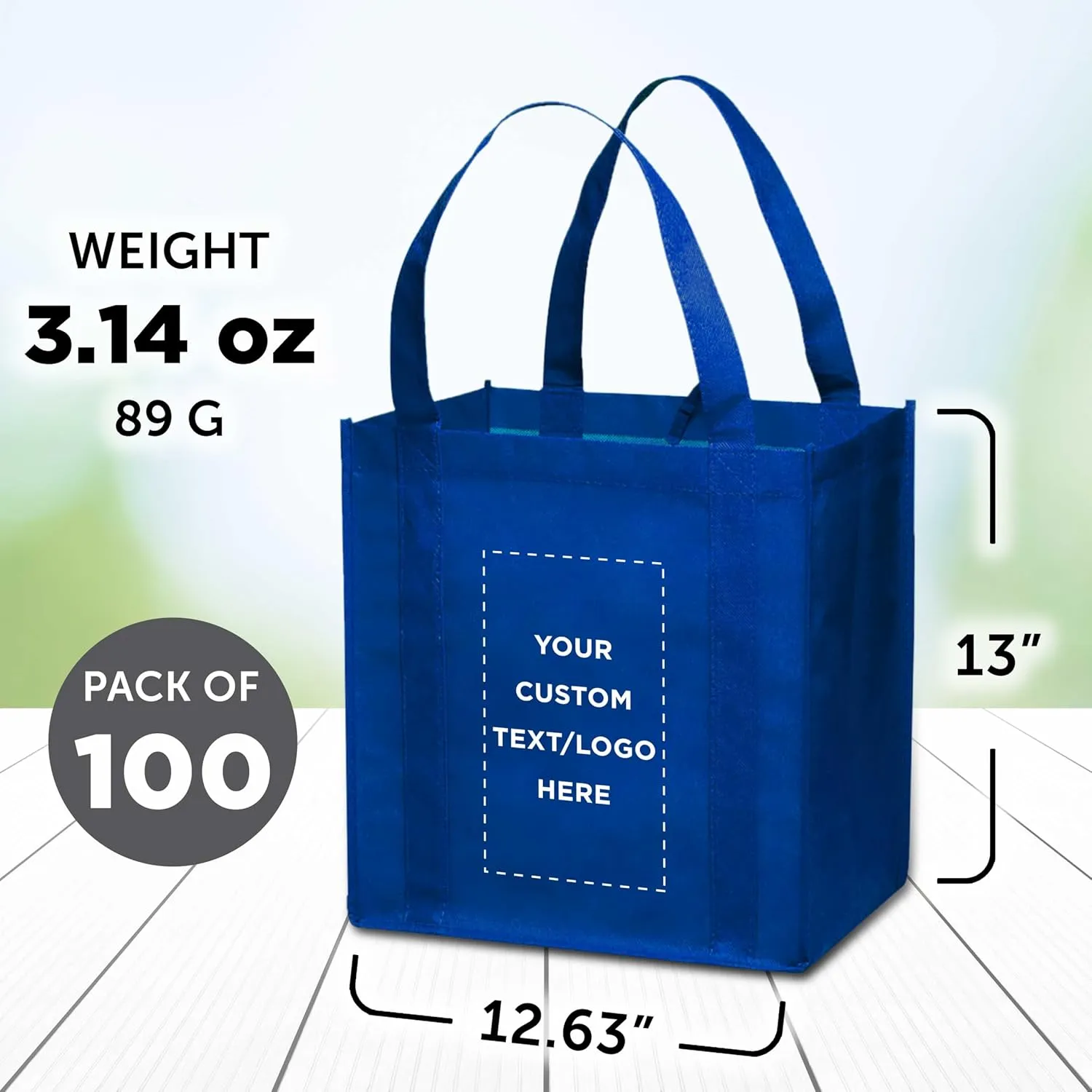 DISCOUNT PROMOS Custom Reusable Grocery Tote Bag for Shopping - 100 Pack - Personalized Logo, Text -Small Foldable Bags – Blue - 12.625"X13"X8.75"
