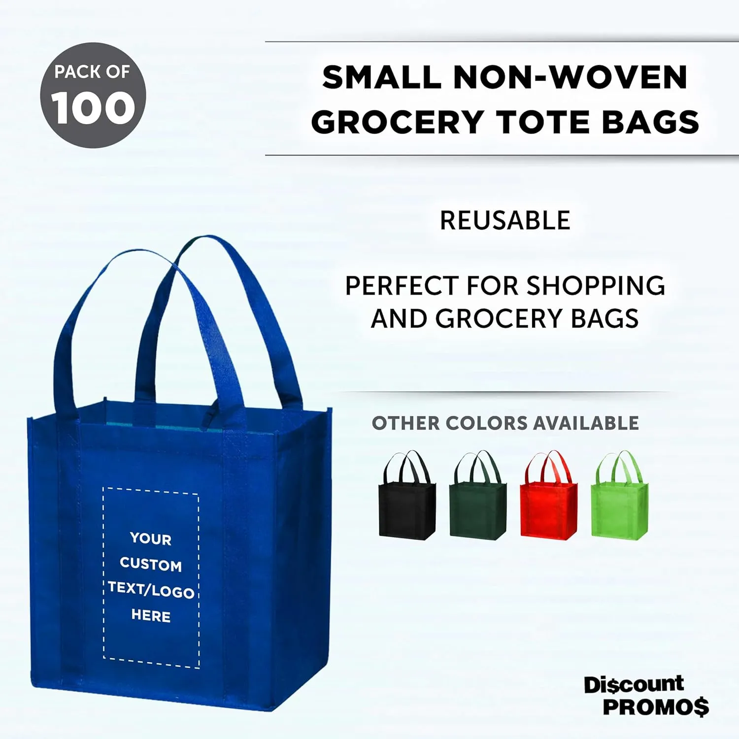 DISCOUNT PROMOS Custom Reusable Grocery Tote Bag for Shopping - 100 Pack - Personalized Logo, Text -Small Foldable Bags – Blue - 12.625"X13"X8.75"