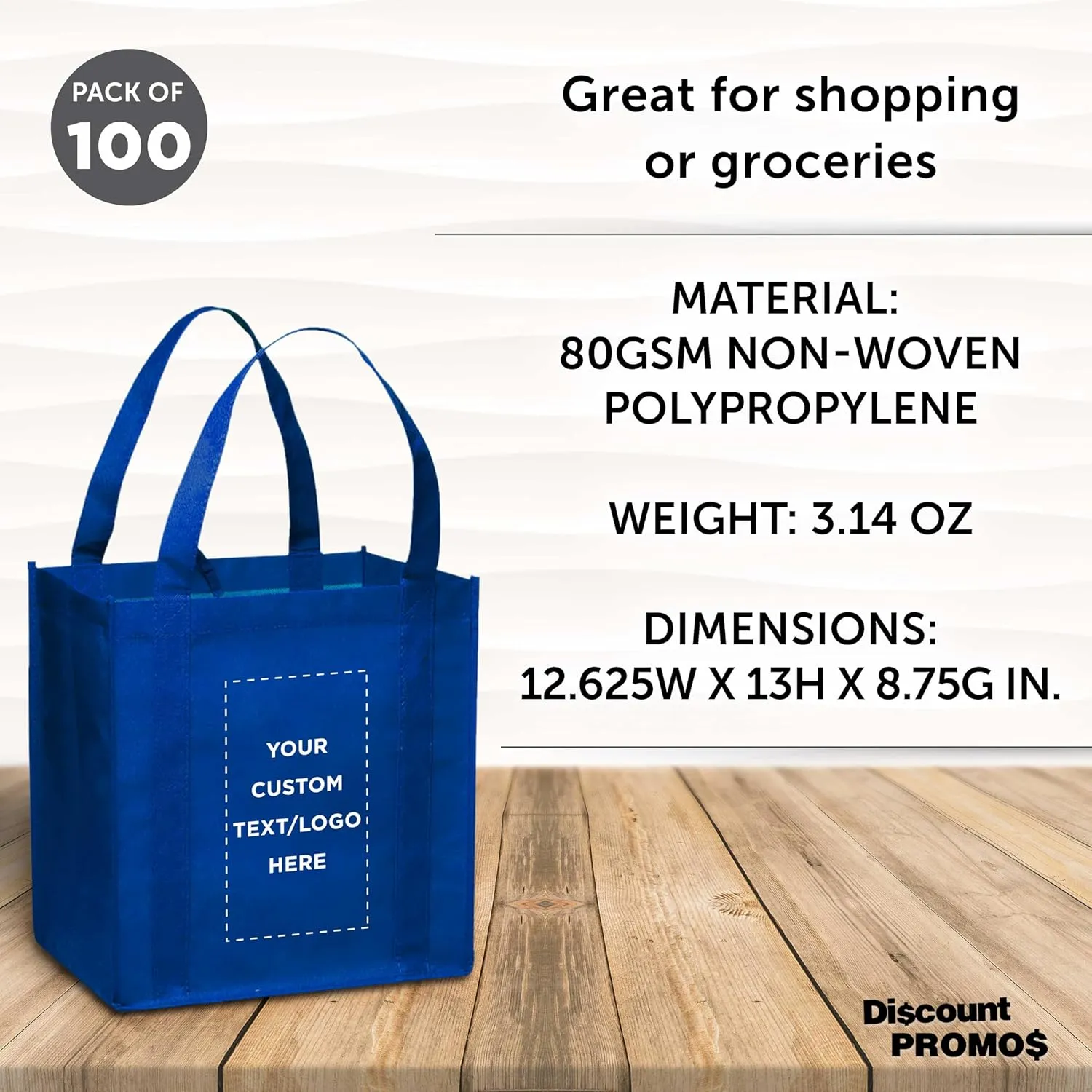 DISCOUNT PROMOS Custom Reusable Grocery Tote Bag for Shopping - 100 Pack - Personalized Logo, Text -Small Foldable Bags – Blue - 12.625"X13"X8.75"