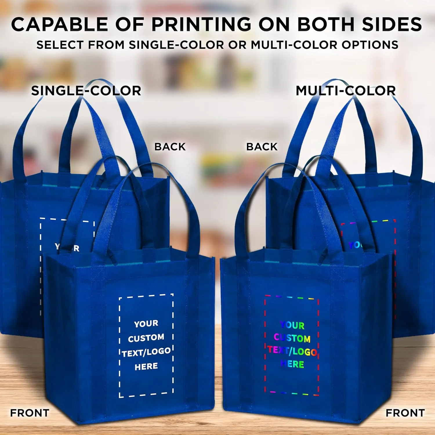 DISCOUNT PROMOS Custom Reusable Grocery Tote Bag for Shopping - 100 Pack - Personalized Logo, Text -Small Foldable Bags – Blue - 12.625"X13"X8.75"