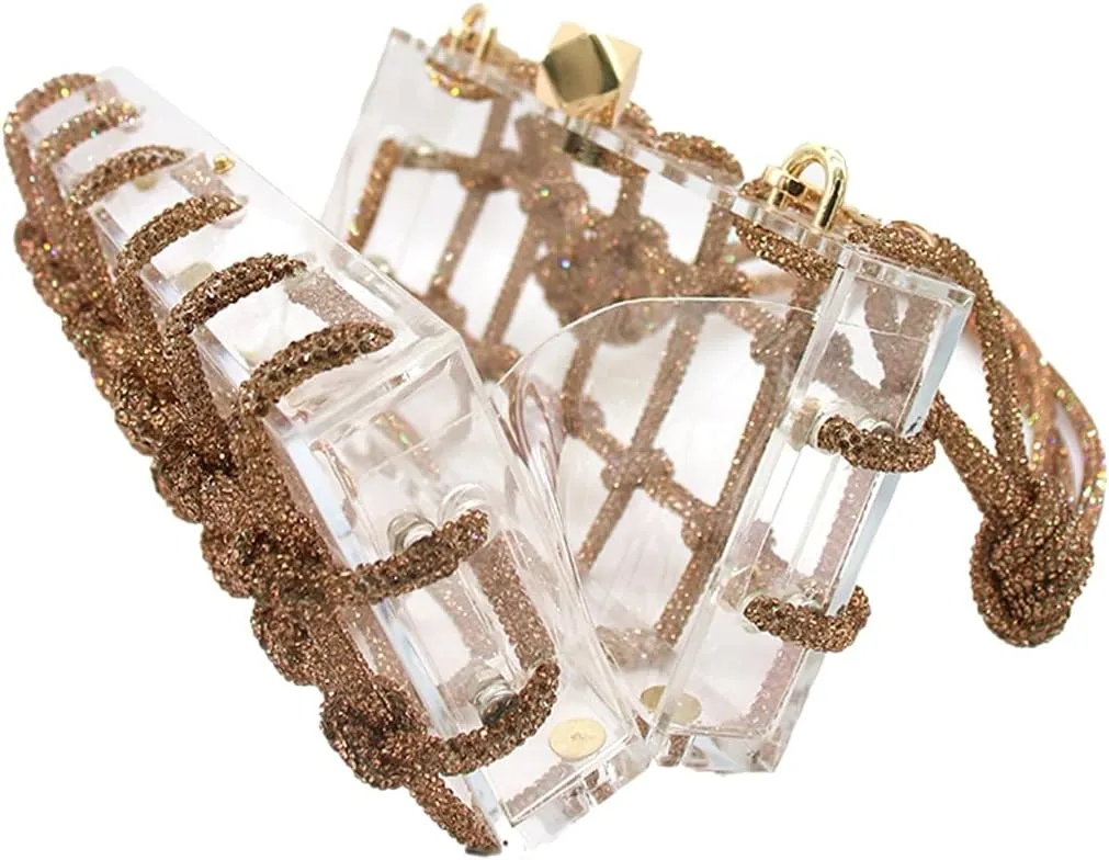 DJBM Clear Acrylic Clutch Sparkle Rhinestone Evening Bag Glitter Crystal-Embellished Rope Knot Handbag Purse for Party Prom