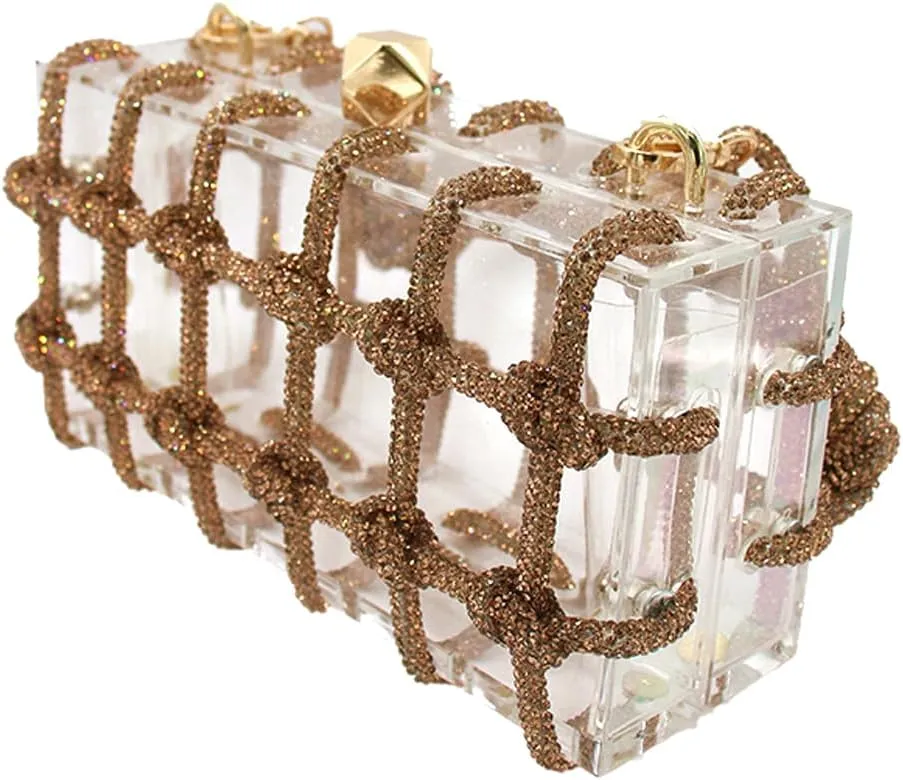 DJBM Clear Acrylic Clutch Sparkle Rhinestone Evening Bag Glitter Crystal-Embellished Rope Knot Handbag Purse for Party Prom