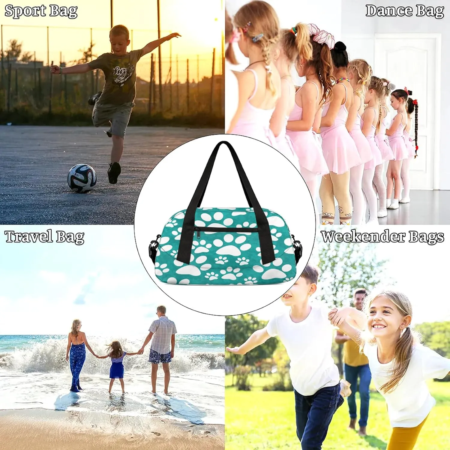 Dog Paw Prints Pattern Kids Duffel Bag Lightweight Waterproof Sports Gym Bag with Front Zipper Pocket Foldable Weekender Overnight Bag for School Practice Gymnastic Ballet