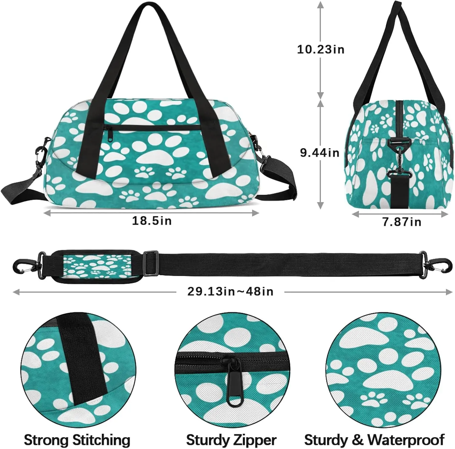 Dog Paw Prints Pattern Kids Duffel Bag Lightweight Waterproof Sports Gym Bag with Front Zipper Pocket Foldable Weekender Overnight Bag for School Practice Gymnastic Ballet