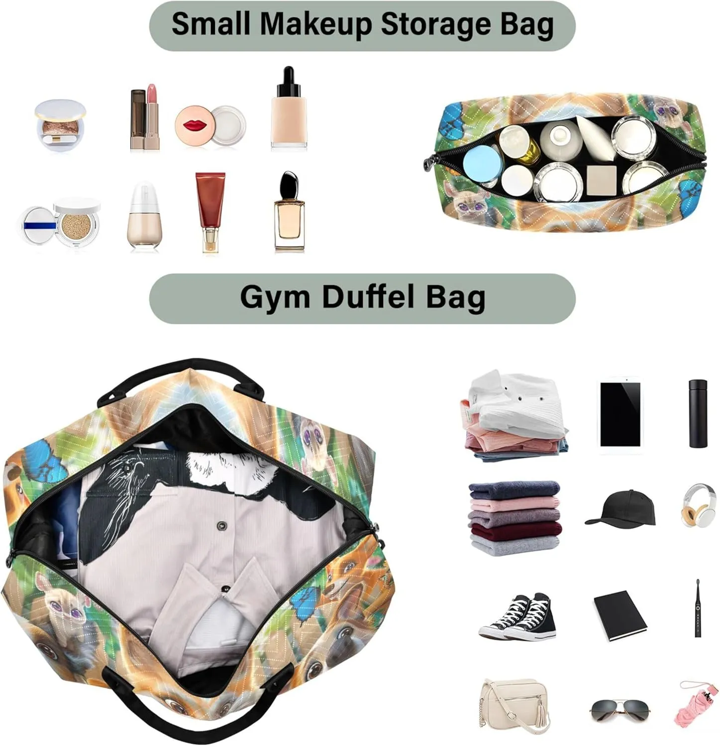 Dogs Cute Animals Duffel Bags Travel Make up Bags Set of 2, Print Women Tote Gym Bag Overnight Bag