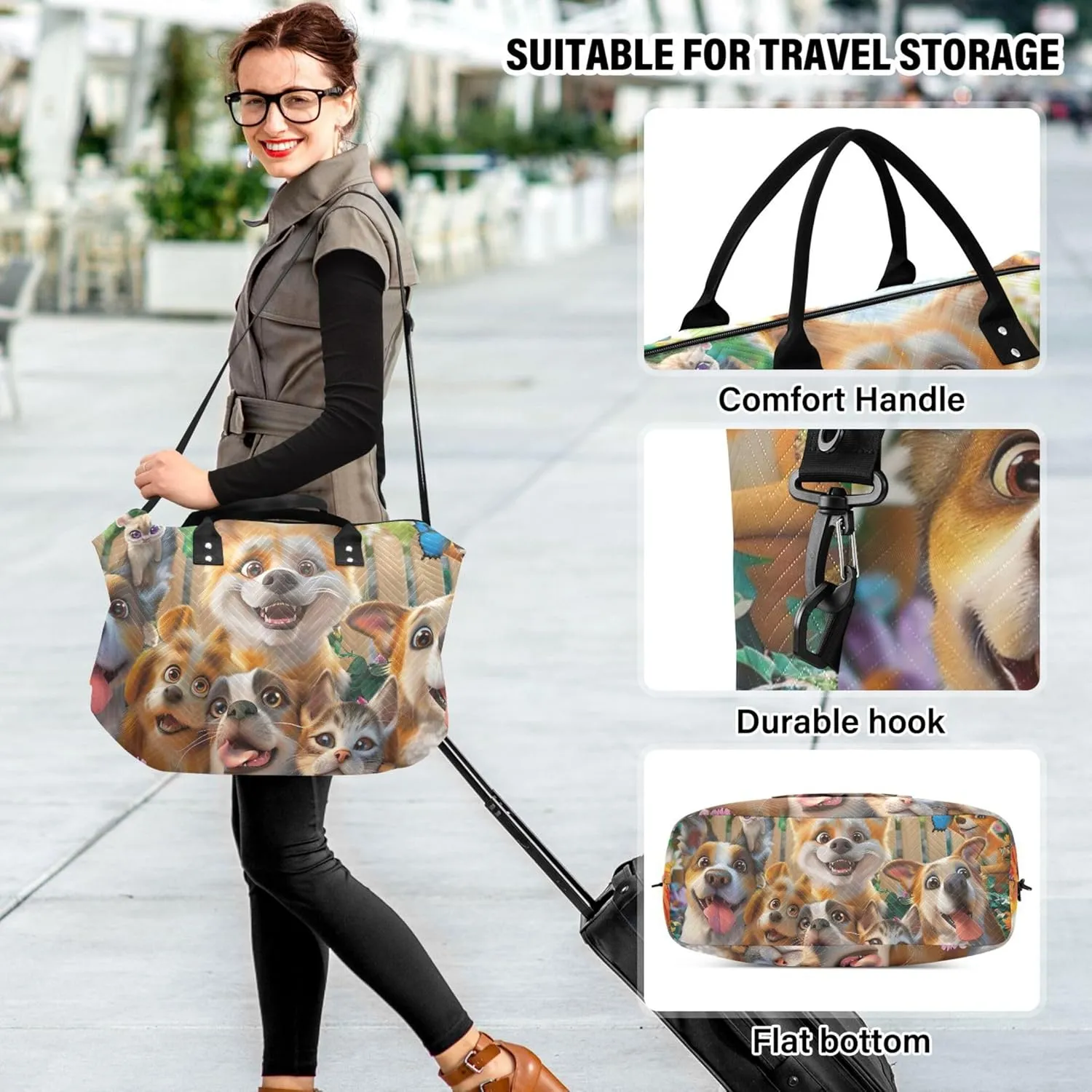 Dogs Cute Animals Duffel Bags Travel Make up Bags Set of 2, Print Women Tote Gym Bag Overnight Bag