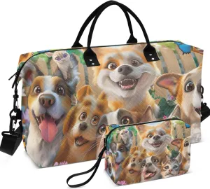Dogs Cute Animals Duffel Bags Travel Make up Bags Set of 2, Print Women Tote Gym Bag Overnight Bag