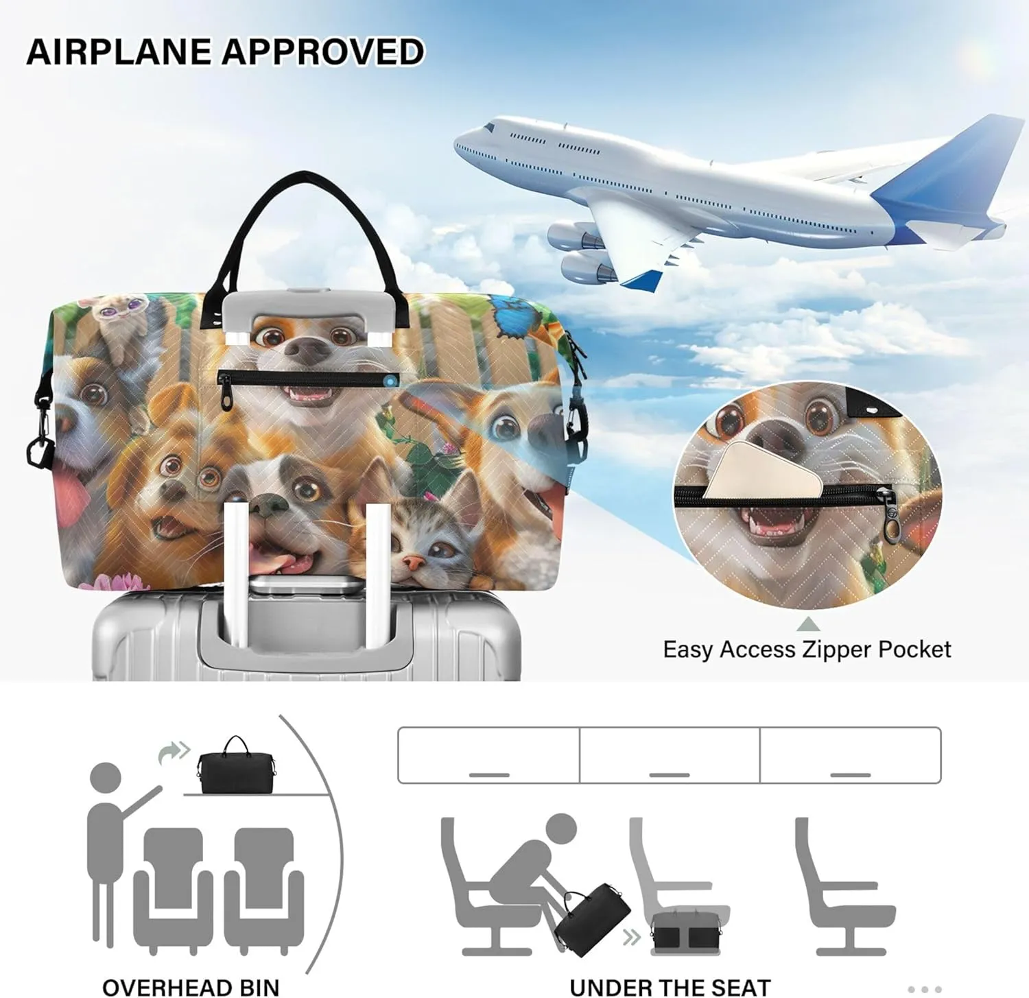 Dogs Cute Animals Duffel Bags Travel Make up Bags Set of 2, Print Women Tote Gym Bag Overnight Bag