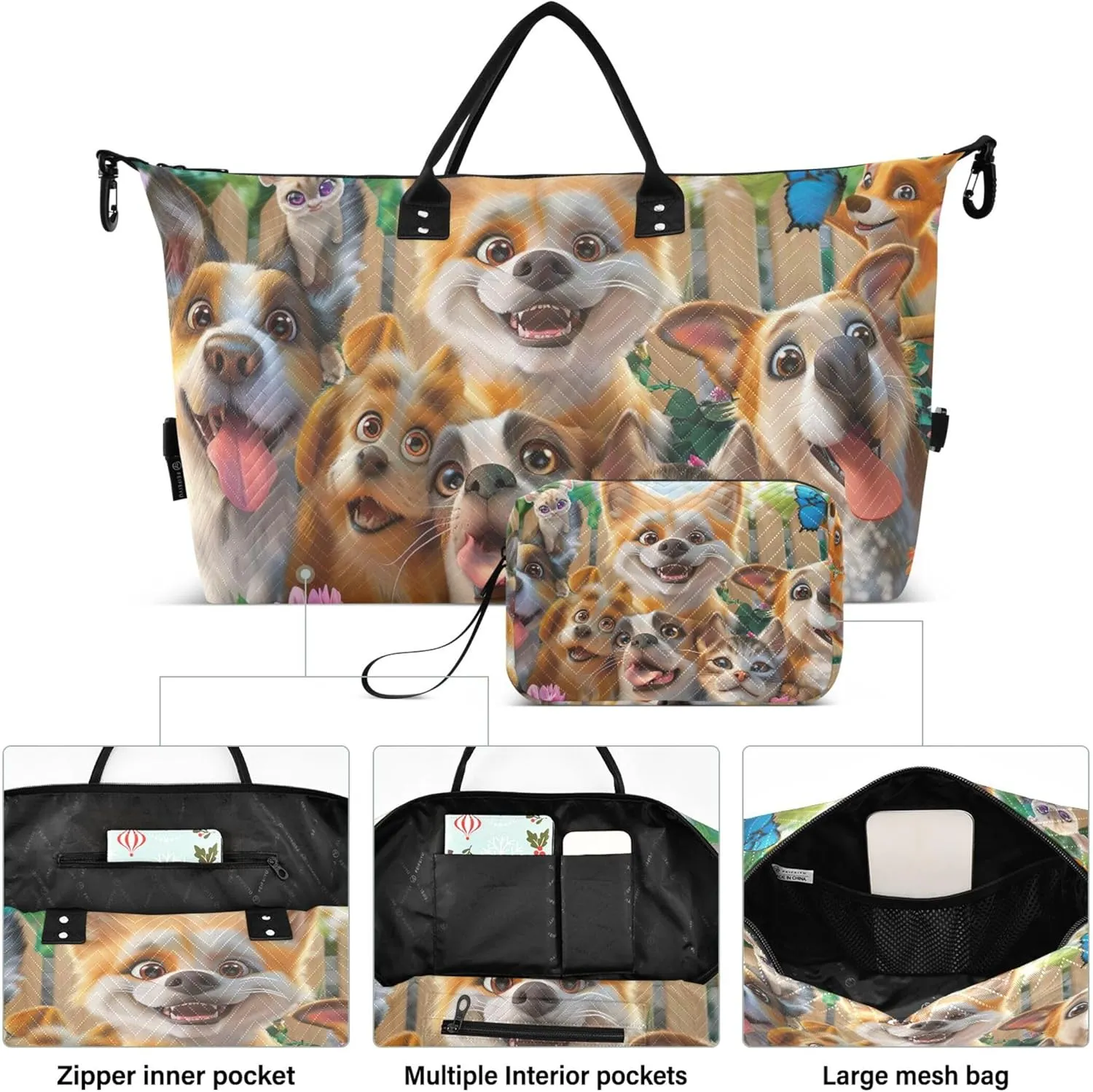 Dogs Cute Animals Duffel Bags Travel Make up Bags Set of 2, Print Women Tote Gym Bag Overnight Bag