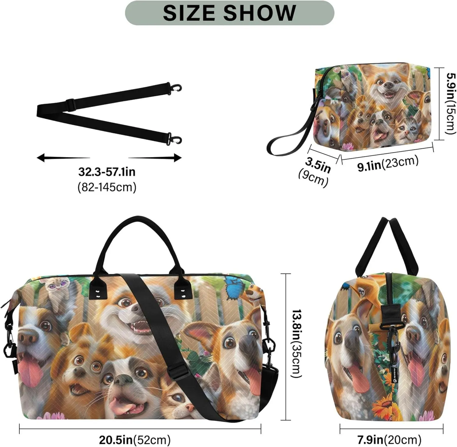 Dogs Cute Animals Duffel Bags Travel Make up Bags Set of 2, Print Women Tote Gym Bag Overnight Bag