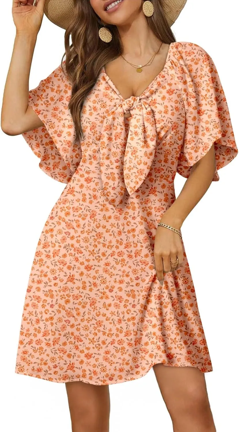 Dokotoo Dresses for Women 2025 Floral V Neck Boho Mini Dress Summer Boho Dress Vacation Beach