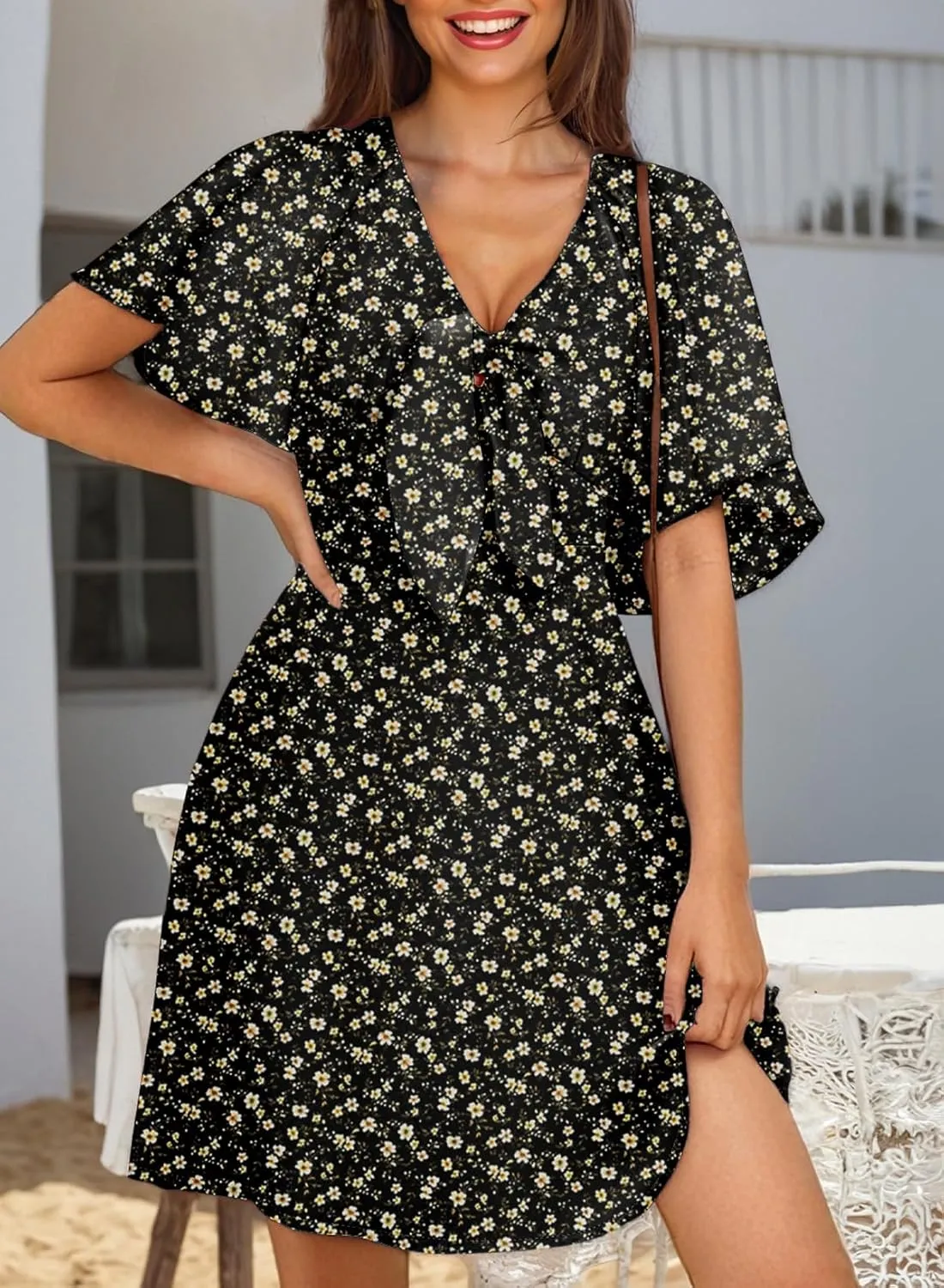 Dokotoo Dresses for Women 2025 Floral V Neck Boho Mini Dress Summer Boho Dress Vacation Beach