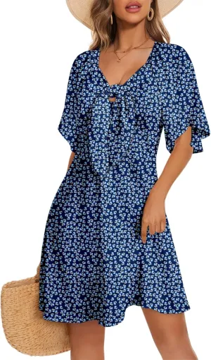 Dokotoo Dresses for Women 2025 Floral V Neck Boho Mini Dress Summer Boho Dress Vacation Beach