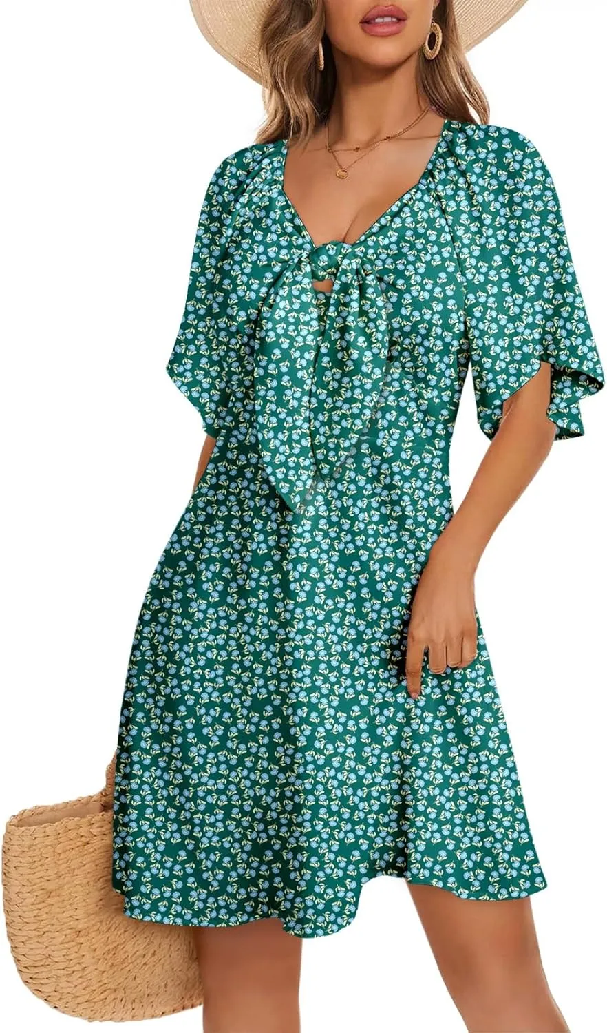 Dokotoo Dresses for Women 2025 Floral V Neck Boho Mini Dress Summer Boho Dress Vacation Beach