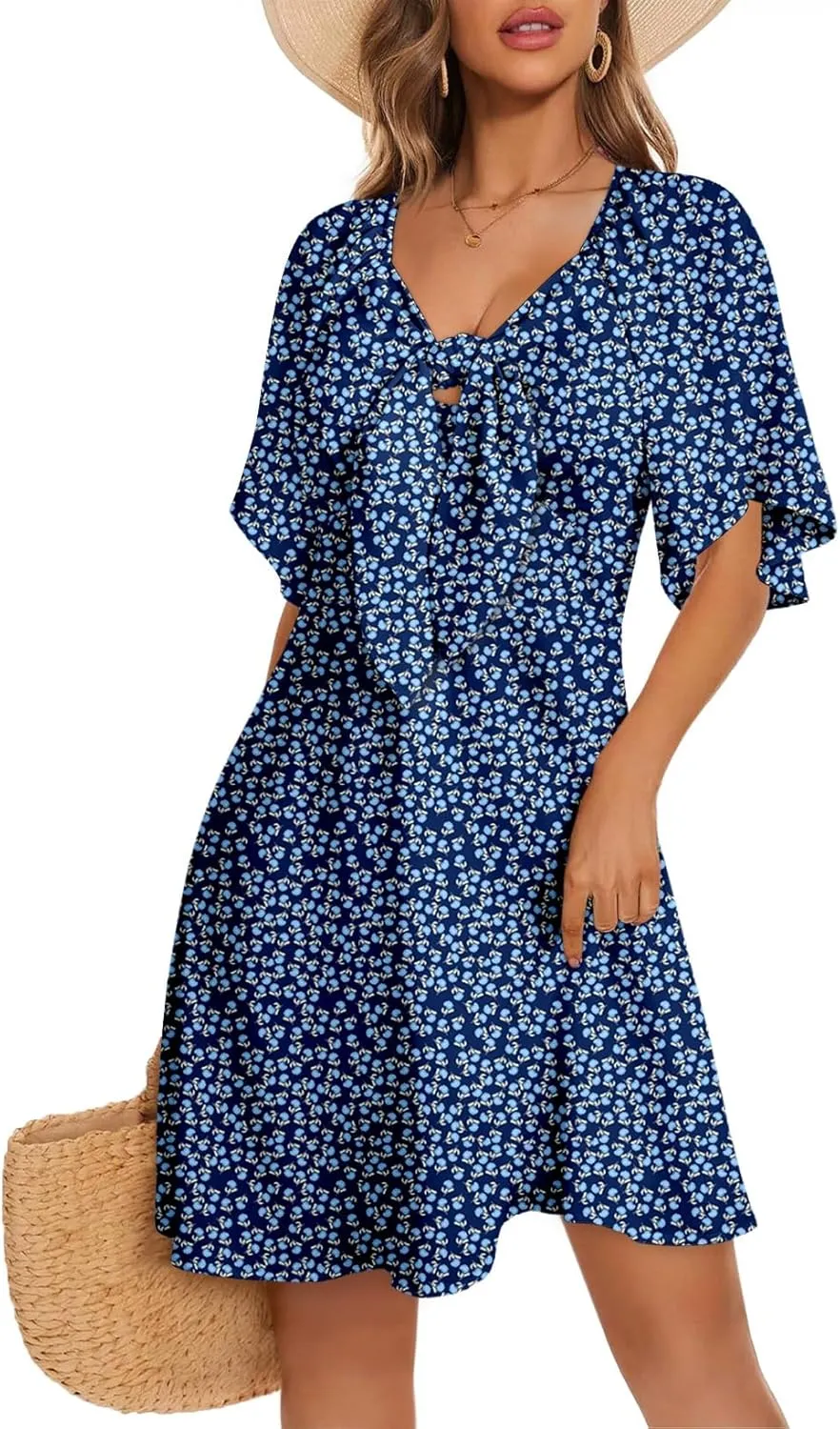 Dokotoo Dresses for Women 2025 Floral V Neck Boho Mini Dress Summer Boho Dress Vacation Beach