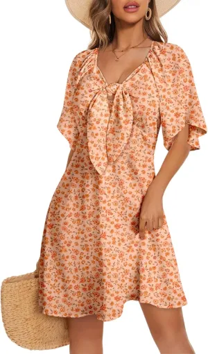 Dokotoo Dresses for Women 2025 Floral V Neck Boho Mini Dress Summer Boho Dress Vacation Beach