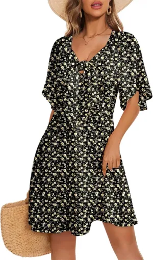 Dokotoo Dresses for Women 2025 Floral V Neck Boho Mini Dress Summer Boho Dress Vacation Beach