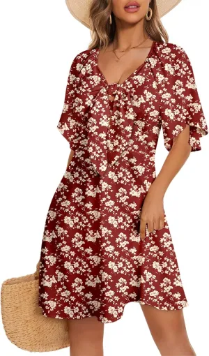 Dokotoo Dresses for Women 2025 Floral V Neck Boho Mini Dress Summer Boho Dress Vacation Beach