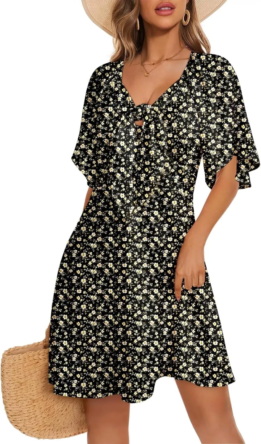 Dokotoo Dresses for Women 2025 Floral V Neck Boho Mini Dress Summer Boho Dress Vacation Beach