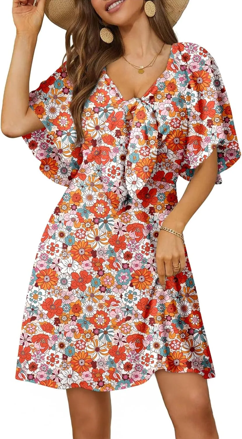 Dokotoo Dresses for Women 2025 Floral V Neck Boho Mini Dress Summer Boho Dress Vacation Beach