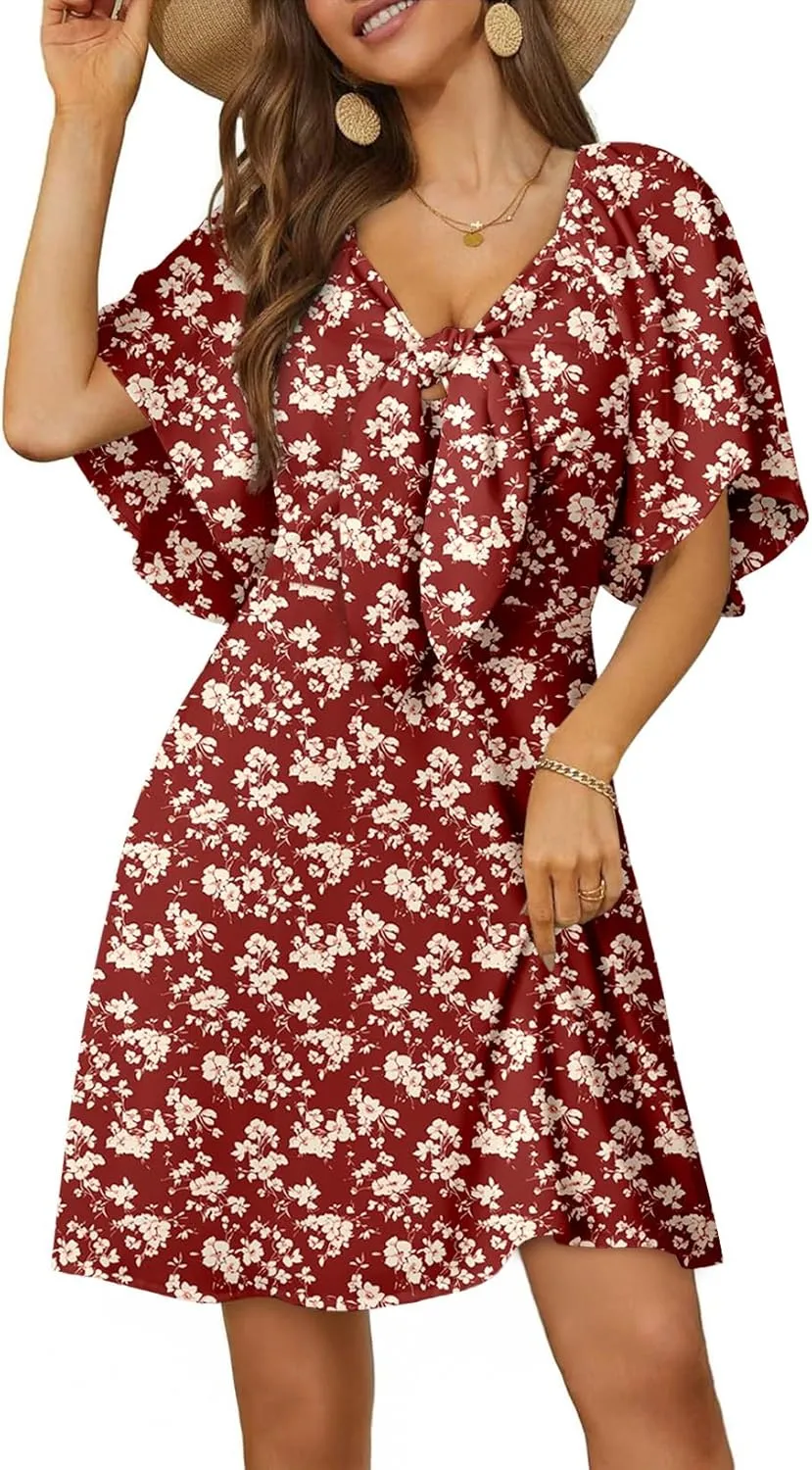 Dokotoo Dresses for Women 2025 Floral V Neck Boho Mini Dress Summer Boho Dress Vacation Beach