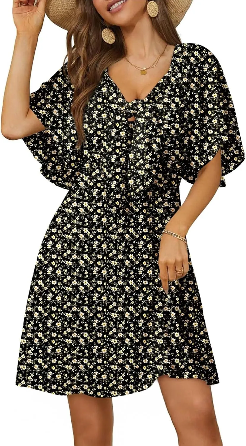 Dokotoo Dresses for Women 2025 Floral V Neck Boho Mini Dress Summer Boho Dress Vacation Beach