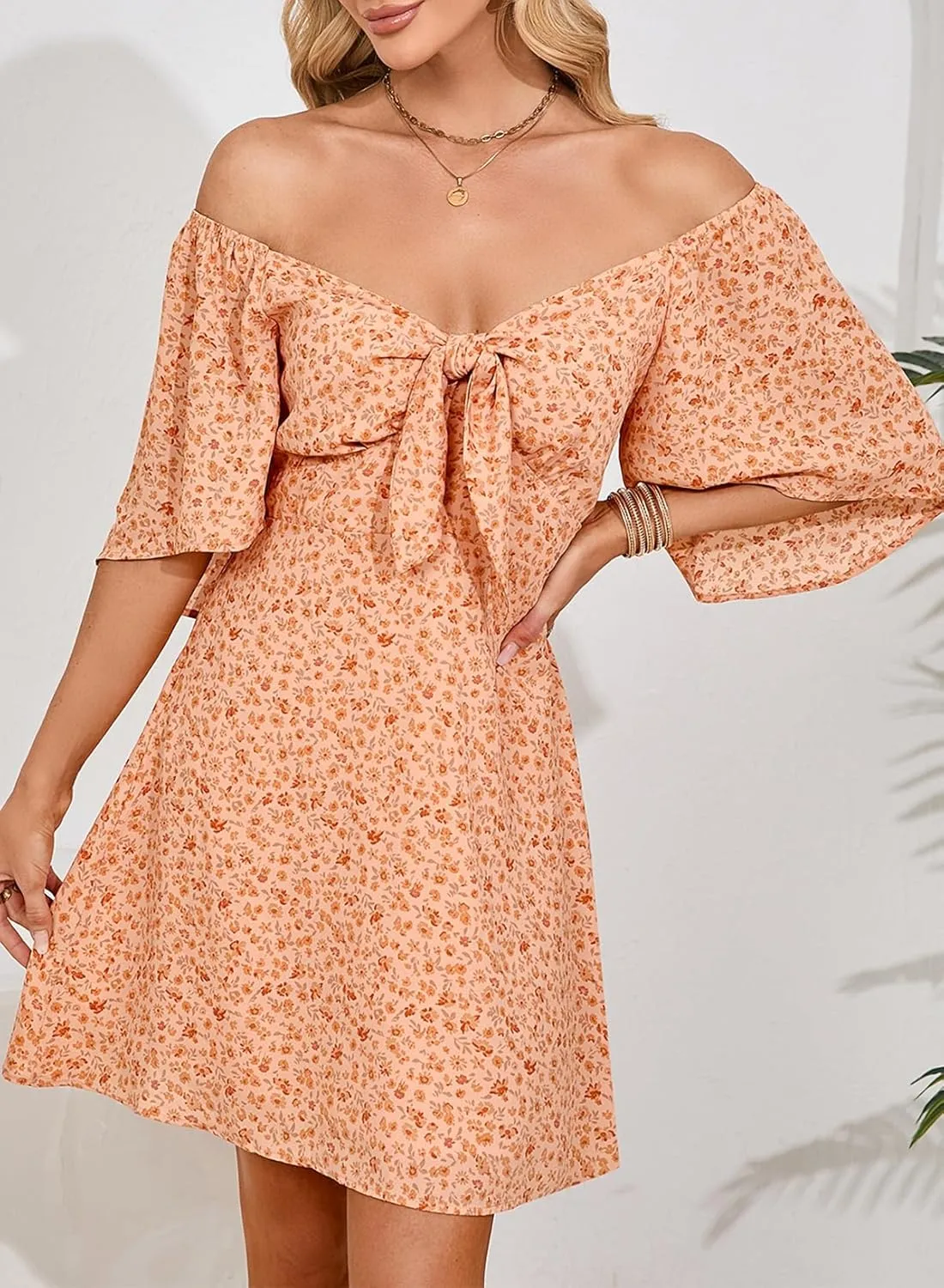 Dokotoo Dresses for Women 2025 Floral V Neck Boho Mini Dress Summer Boho Dress Vacation Beach