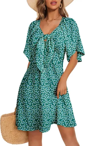 Dokotoo Dresses for Women 2025 Floral V Neck Boho Mini Dress Summer Boho Dress Vacation Beach
