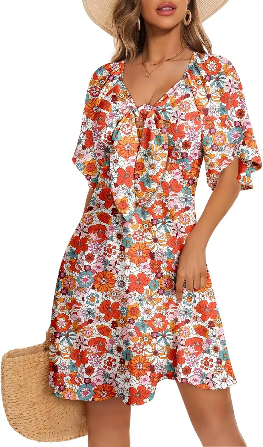 Dokotoo Dresses for Women 2025 Floral V Neck Boho Mini Dress Summer Boho Dress Vacation Beach