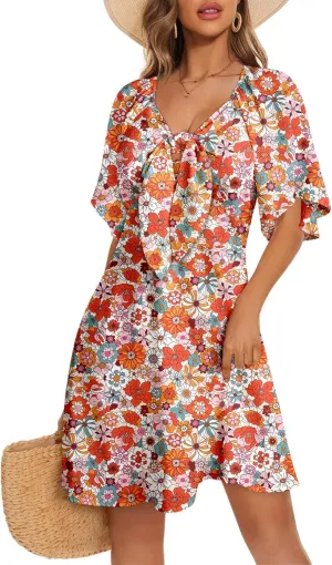 Dokotoo Dresses for Women 2025 Floral V Neck Boho Mini Dress Summer Boho Dress Vacation Beach