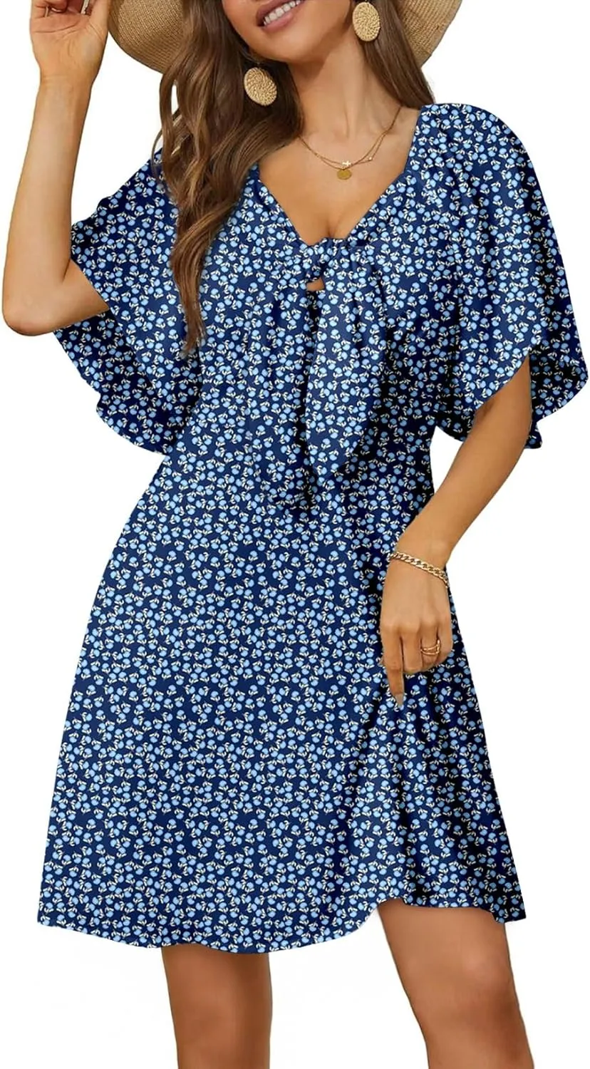 Dokotoo Dresses for Women 2025 Floral V Neck Boho Mini Dress Summer Boho Dress Vacation Beach