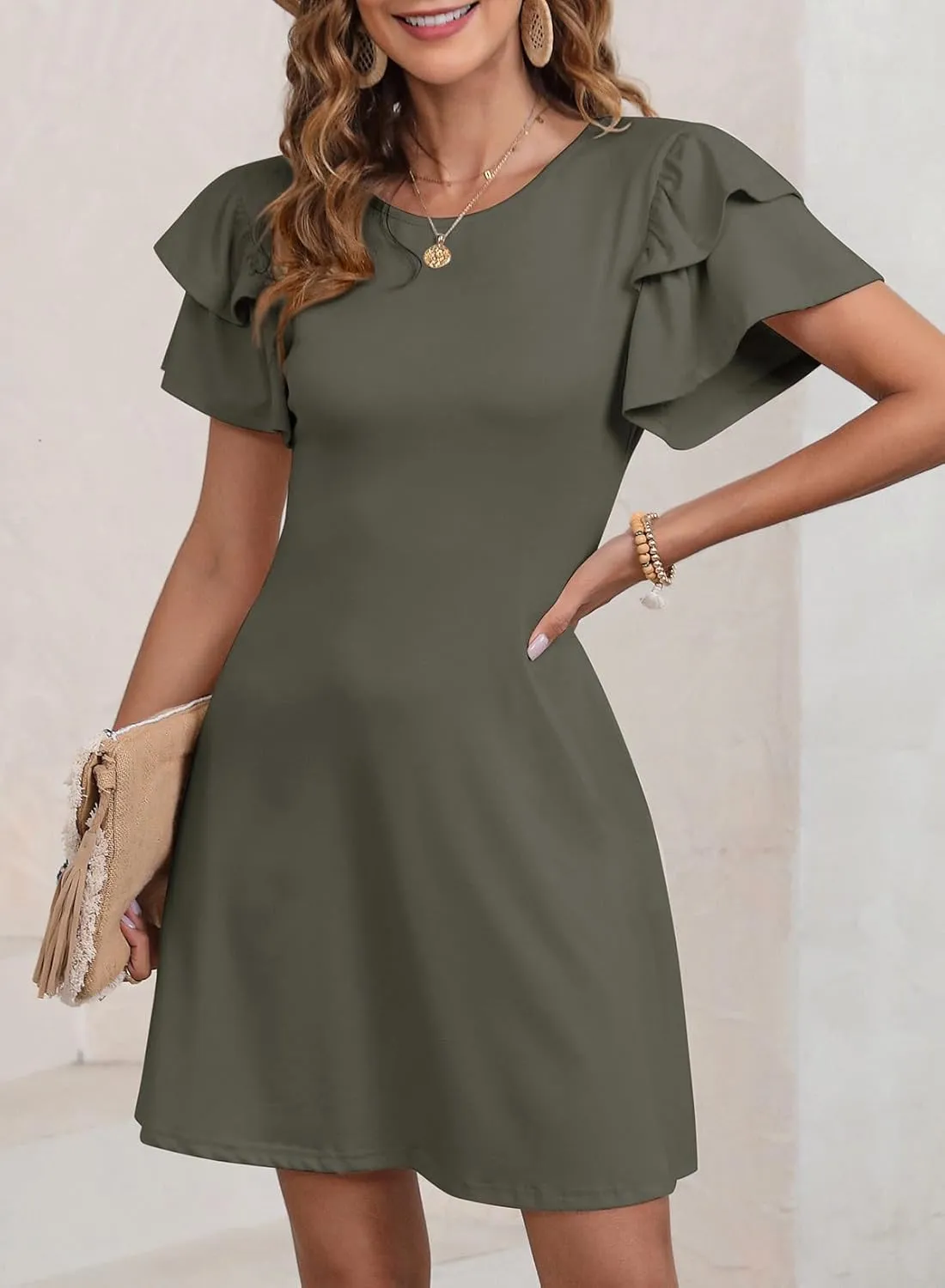Dokotoo Women 2025 Summer Ruffle Edge Sleeve Dresses Floral Casual Beach Mini Dress with Pocket