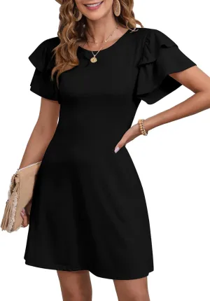Dokotoo Women 2025 Summer Ruffle Edge Sleeve Dresses Floral Casual Beach Mini Dress with Pocket