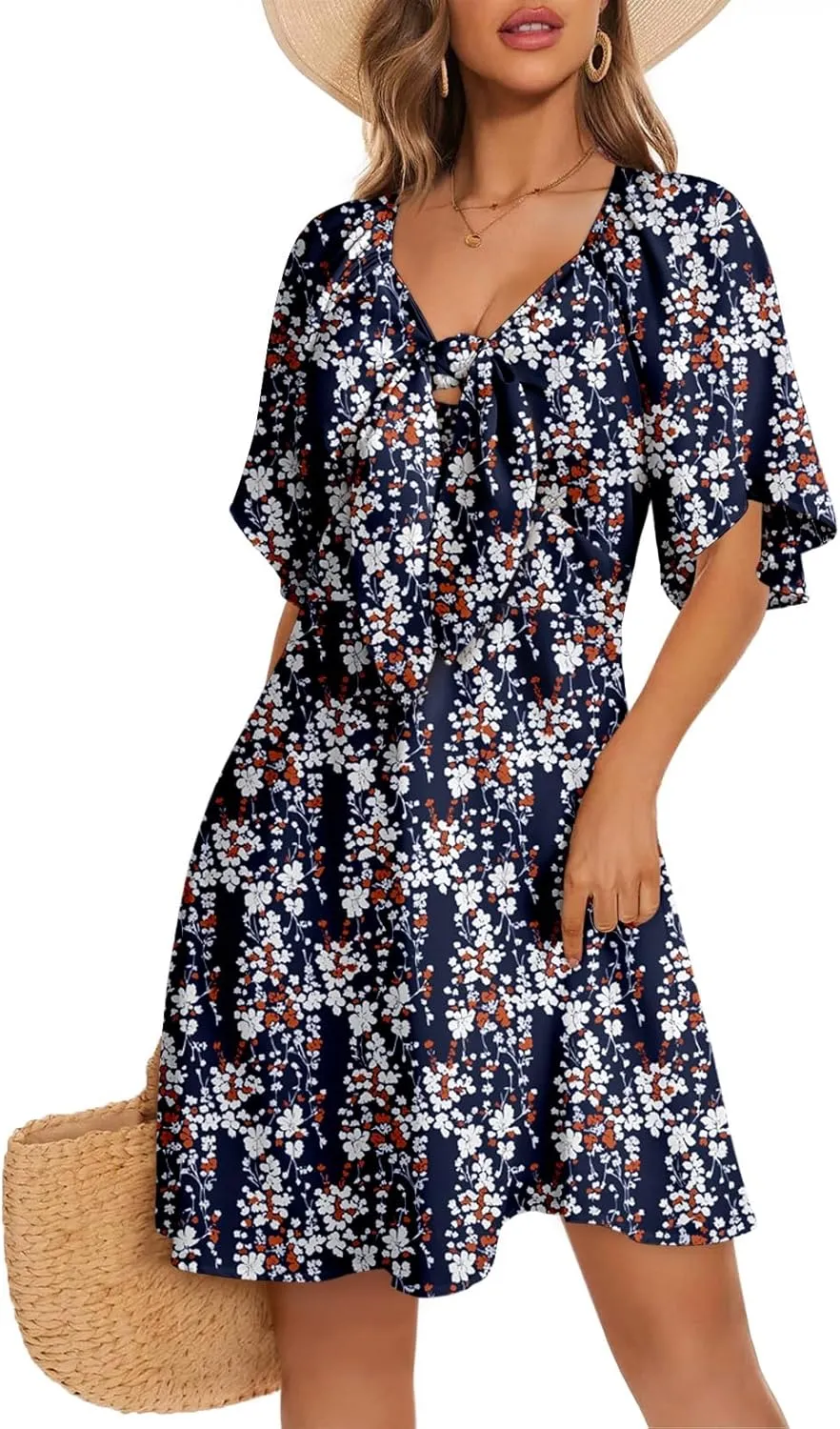 Dokotoo Womens Dresses 2025 Spring Summer Deep V Neck Elegant Bow tie Mini Dress S-XL