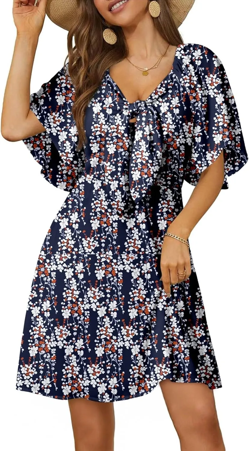 Dokotoo Womens Dresses 2025 Spring Summer Deep V Neck Elegant Bow tie Mini Dress S-XL