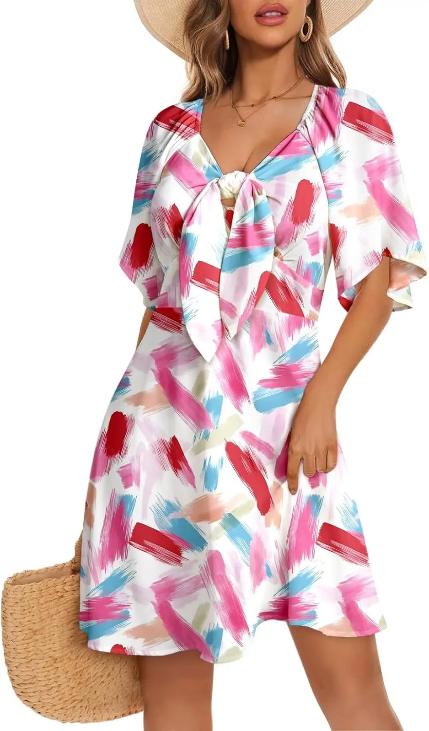 Dokotoo Womens Dresses 2025 Spring Summer Deep V Neck Elegant Bow tie Mini Dress S-XL