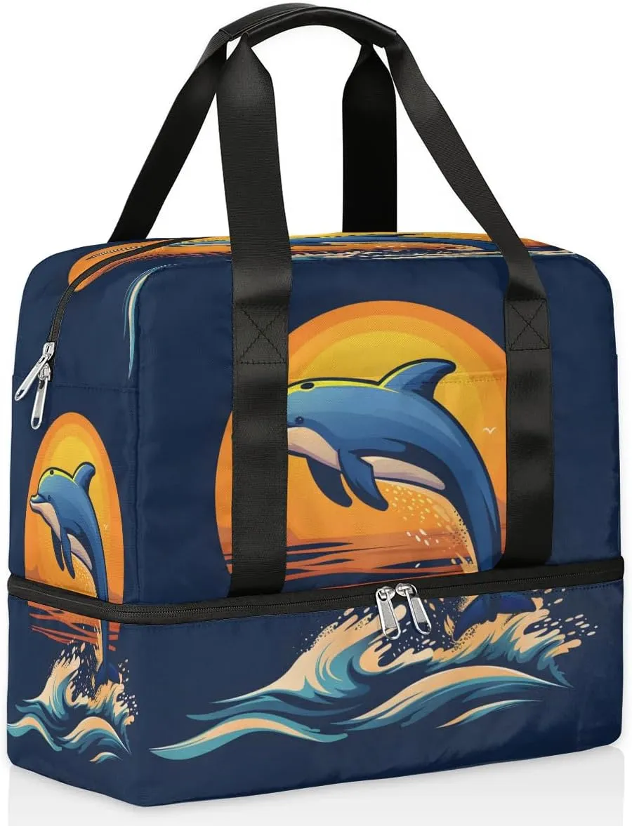 Dolphins Ocean Sun Travel Duffel Bag Dry Wet Separated Sports Tote Travel Duffle Bag Gym Workout Bag Women Travel Duffel Bag for Women, Travel, Gym, Work
