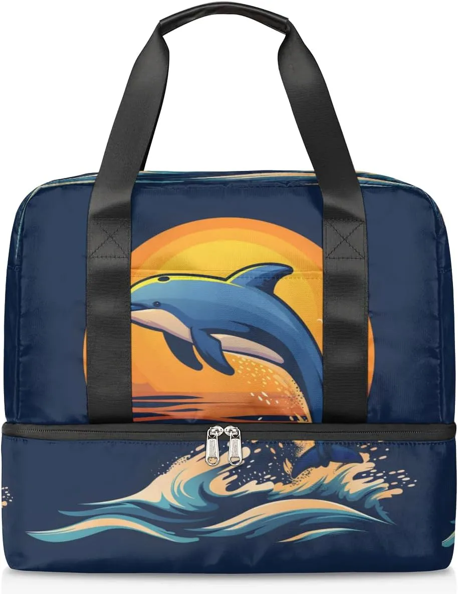Dolphins Ocean Sun Travel Duffel Bag Dry Wet Separated Sports Tote Travel Duffle Bag Gym Workout Bag Women Travel Duffel Bag for Women, Travel, Gym, Work