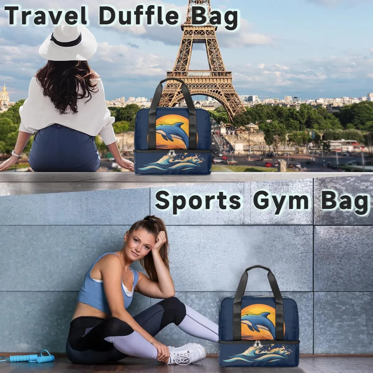 Dolphins Ocean Sun Travel Duffel Bag Dry Wet Separated Sports Tote Travel Duffle Bag Gym Workout Bag Women Travel Duffel Bag for Women, Travel, Gym, Work