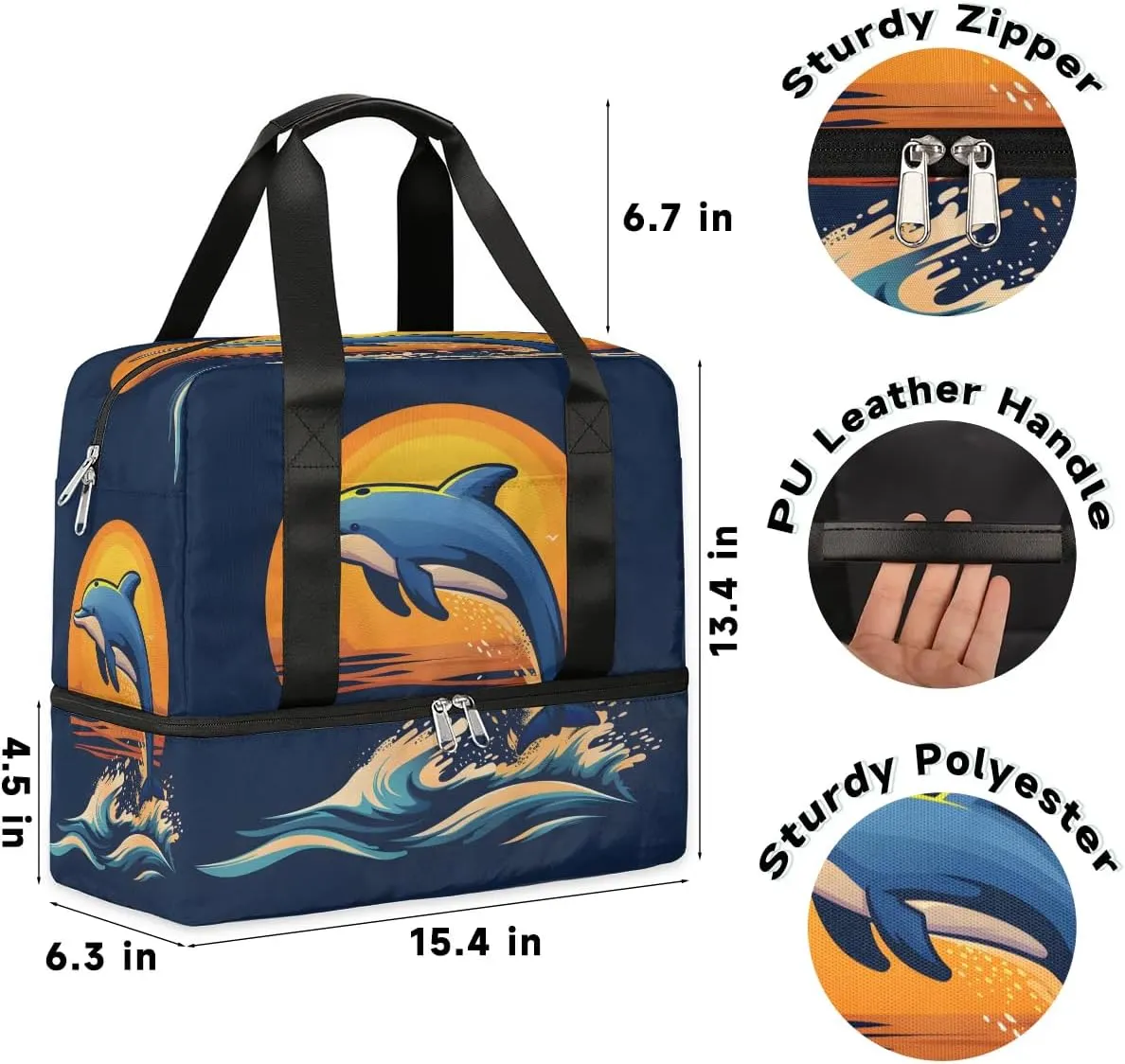Dolphins Ocean Sun Travel Duffel Bag Dry Wet Separated Sports Tote Travel Duffle Bag Gym Workout Bag Women Travel Duffel Bag for Women, Travel, Gym, Work