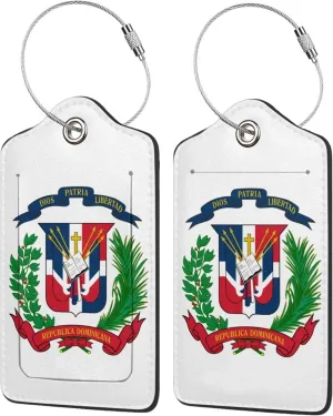Dominican Republic National Emblem Luggage Tags Pu Leather with Privacy Cover Label Address Card and Durable Metal Ring Suitable for Men Women Handbags Backpacks