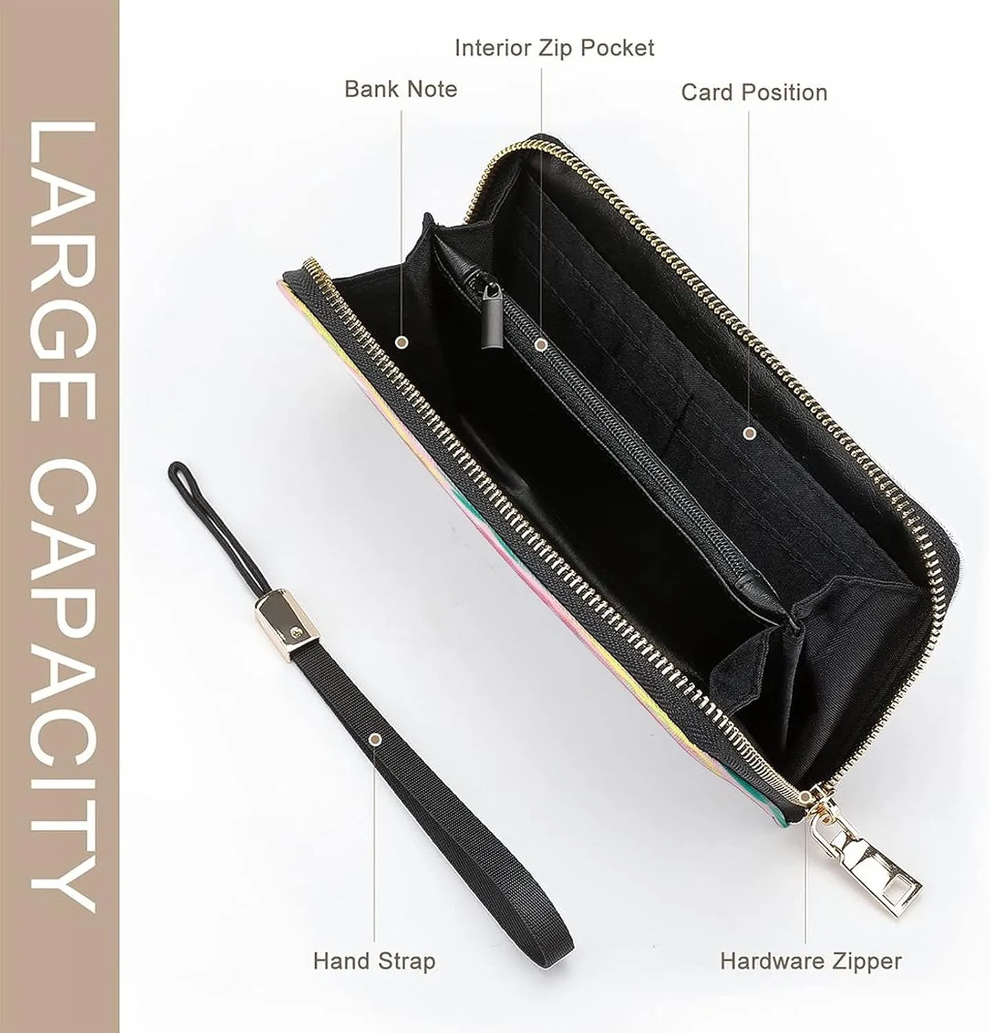 Donnapink Long Clutch Wallet, Long Handbag with Wristlet Strap, PU Leather Zip Purse