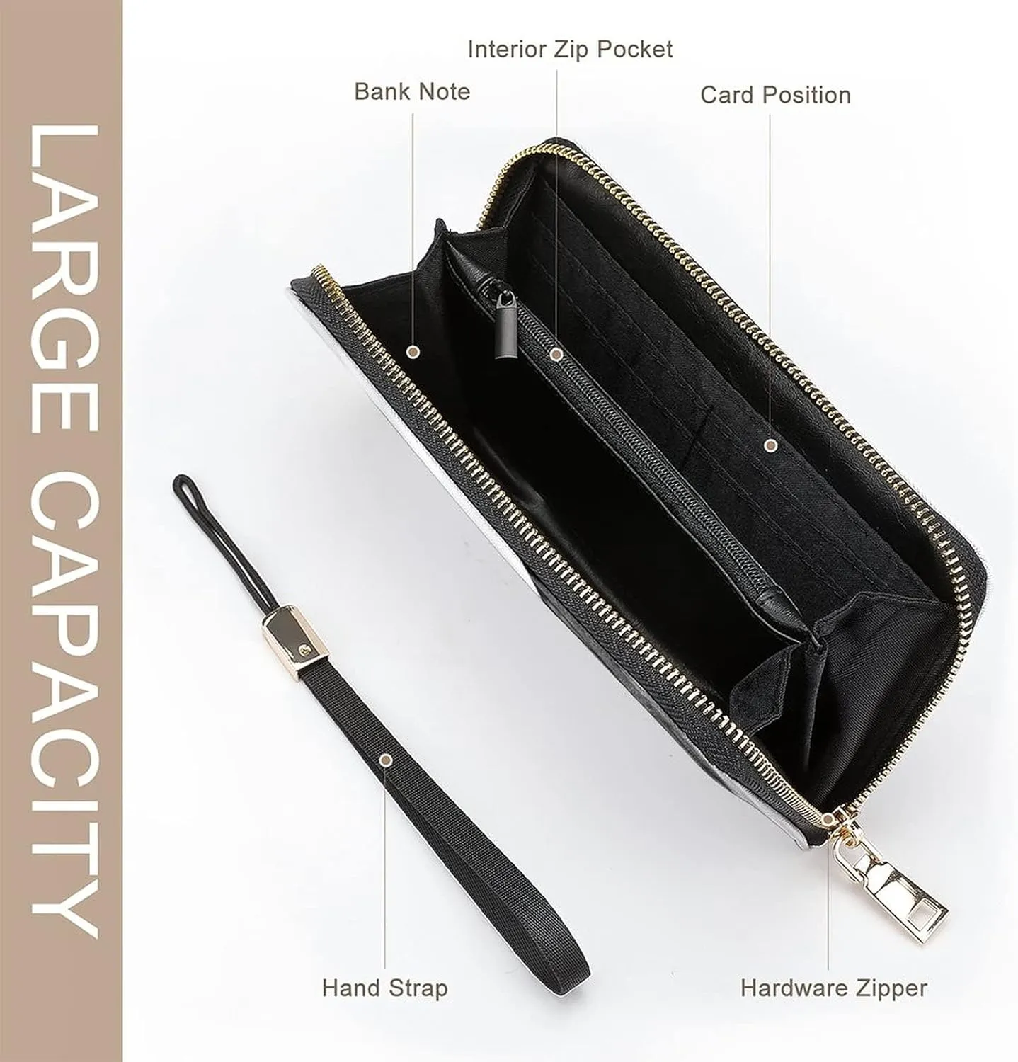 Donnapink Long Clutch Wallet, Long Handbag with Wristlet Strap, PU Leather Zip Purse