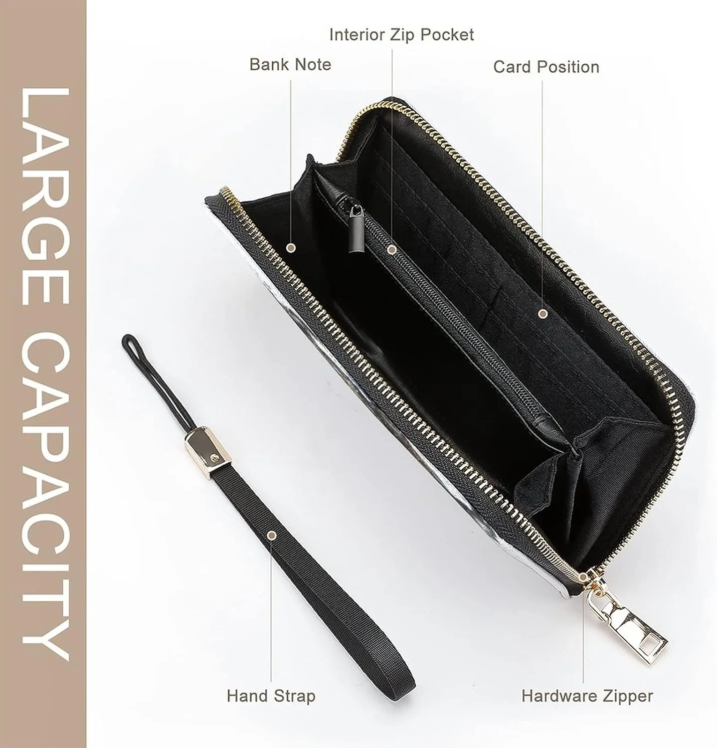 Donnapink Long Clutch Wallet, Long Handbag with Wristlet Strap, PU Leather Zip Purse